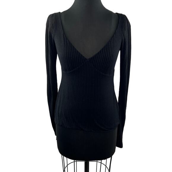 A.L.C. Ribbed Long Sleeve V-Neck Top Black Pullover Plunging Size S Small - Picture 1 of 10